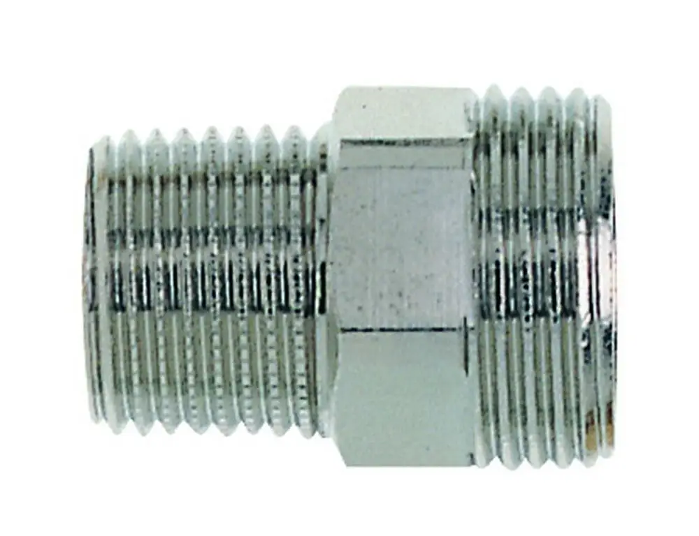 Messinggewindeanschluss von IMI Hydronic Engineering, mit einer zentralen achteckigen Form und gerillten Gewinden zur Verbindung von Rohrleitungen.